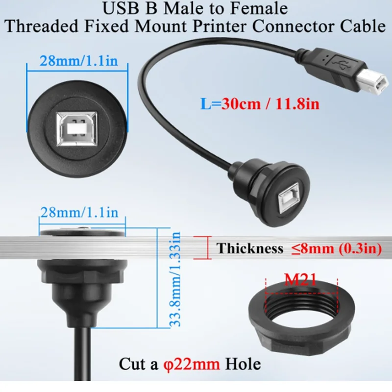 USB B Threaded Fixed Mount Printer Short Cable Adapter USB Type B 2.0 Male to Female  480Mbps, For Printer Scanner, 30cm/11.8in，