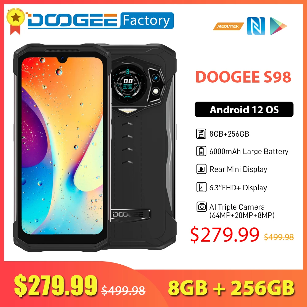 DOOGEE S98 Smartphone 8GB 256GB Octa Core 6.3 Inch 64MP Camera 6000mAh Cellphone Android 12 Smart Rear Display Mobile Phone