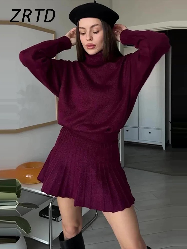 Elegant Red Wine Pullover Mini Skirt Sets Vintage High Collar Female Sweater Short Pleated Skirts 2024 Autumn Lady Knit Outfits