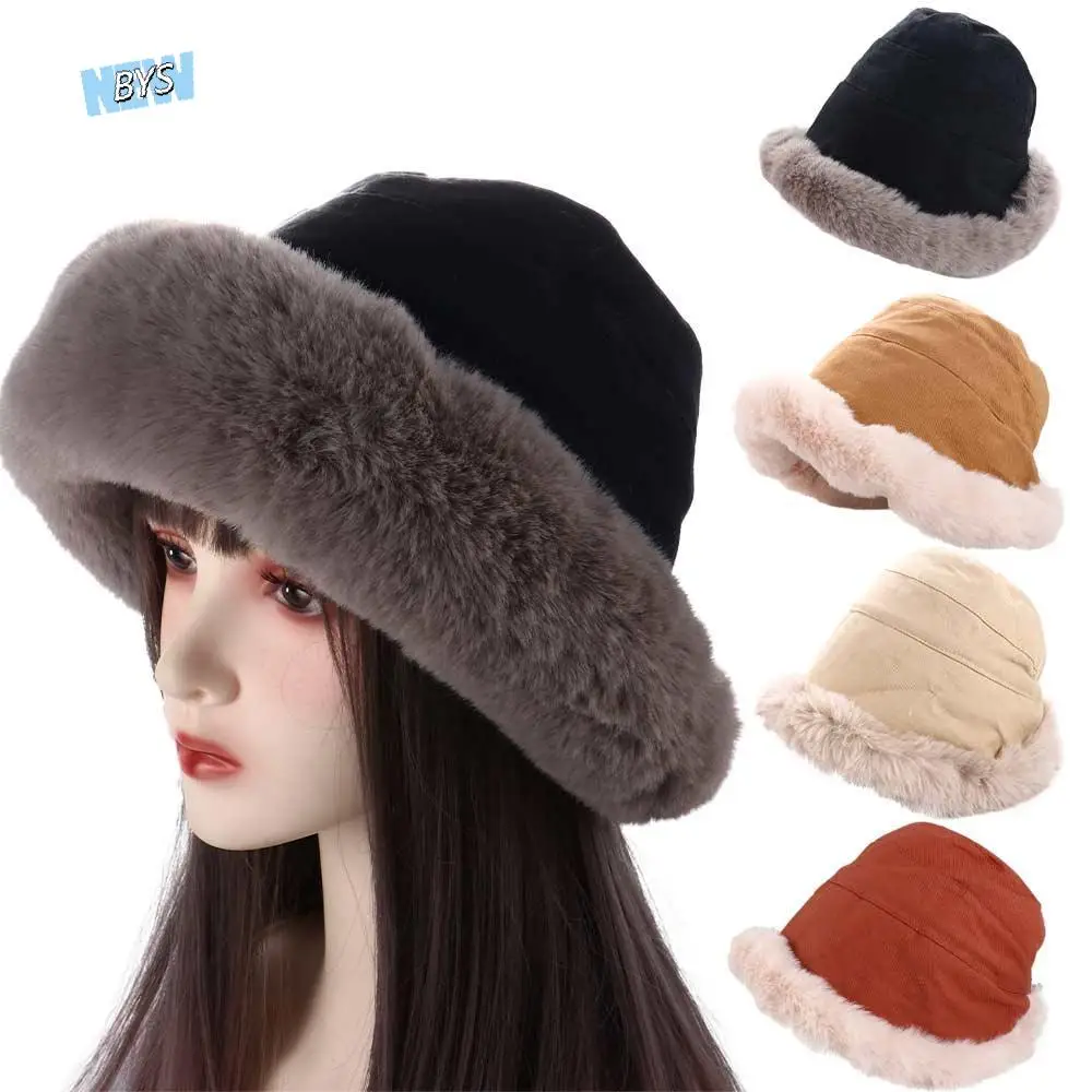 

Windproof For Girl Winter Warm Wide Brim Large Korean Style Beanies Women Hat Woolen Plush Bucket Hat