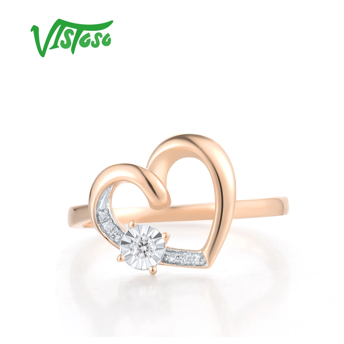 VISTOSO Pure 14K 585 Two-Tone Gold Ring For Women Sparkling Diamond Lovely Heart Wedding Engagement Gifts Fine Jewelry Sets