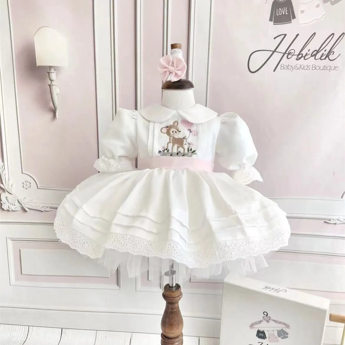 0-12Y Baby Girl Summer Deer Embroidery Turkish Vintage Princess Ball Gown White Dress for Birthday Holiday Easter Eid