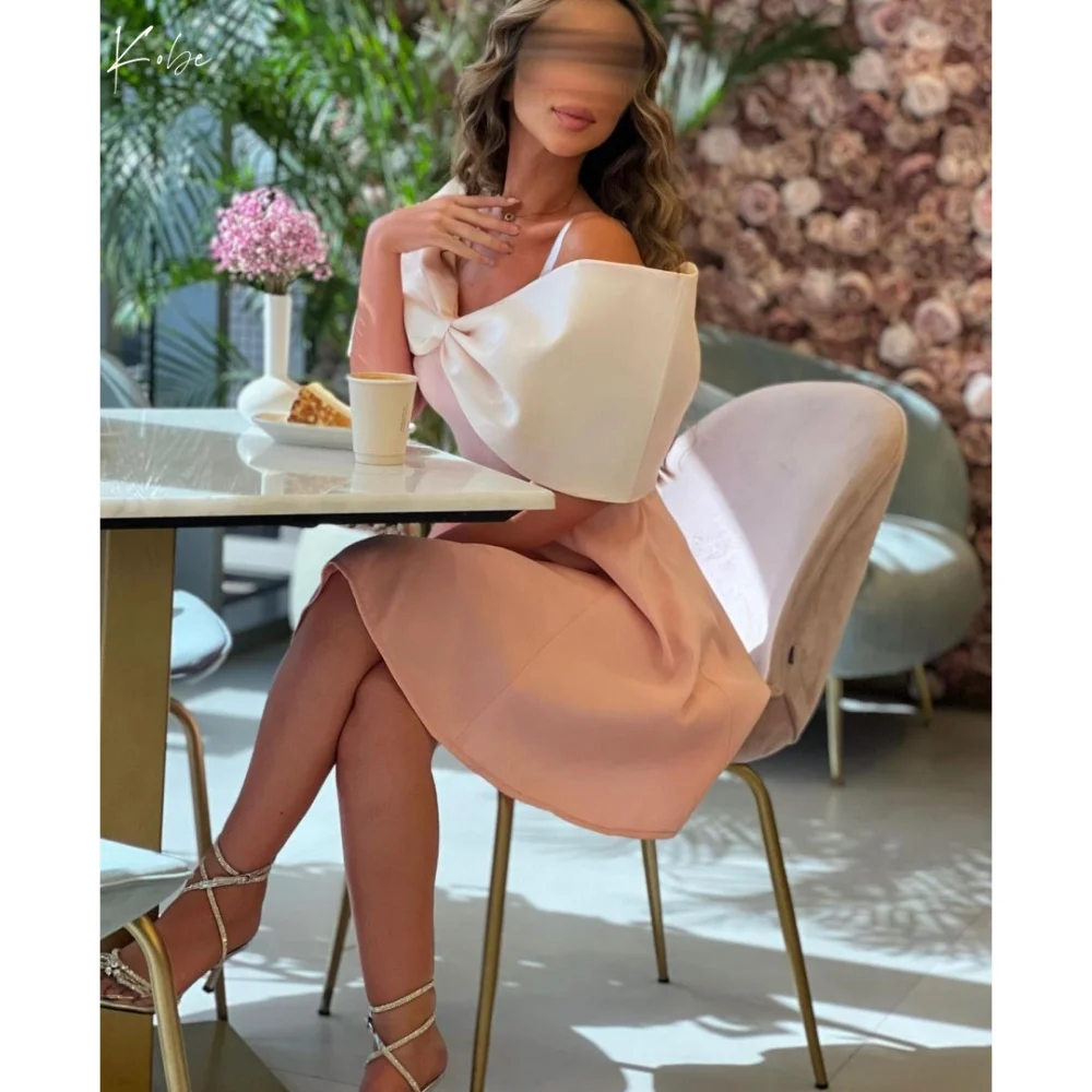 

Kobe Spaghetti Strapless A-line Mini-Skirt Prom Dress Pink Bow Sleeveless Wedding Dresses Formal vestidos de noche Customized