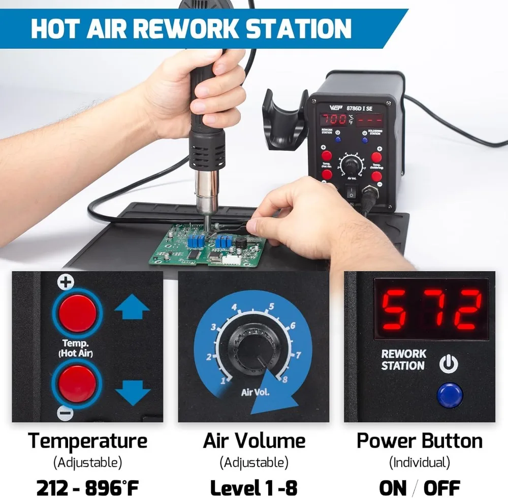 Kit de estación de soldadura de hierro de aire caliente 2 en 1 con controles digitales, 5 puntas, 3 boquillas y accesorios
