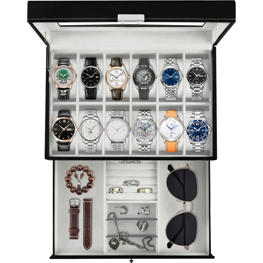 Nouvelles boîtes de rangement pour montres en cuir à 12 emplacements, avec serrure, pour hommes et femmes, boîte de présentation de bijoux, organisateur à 2 niveaux, vitrine pour montres