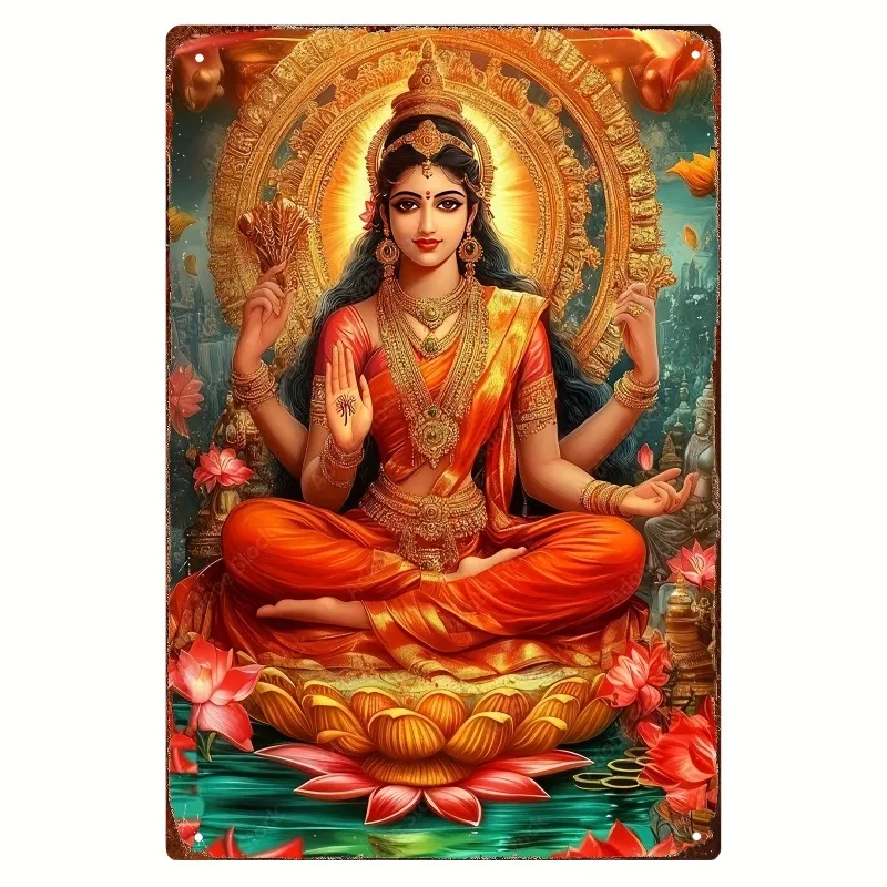 Artistic Indian Goddess Lakshmi Theme Aluminum Metal Wall Art, Frameless Aluminum Decorative Sign, Indian Home Decor, 2D Flat