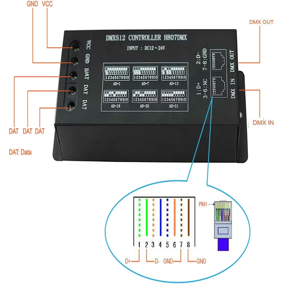 New H807DMX DMX Decoder DMX512 Console Max 1024 Pixels LED Controller For WS2812 WS2813 UCS1903 SK6812 Pixel LED Strip