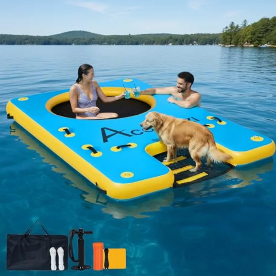

Inflatable Floating Dock for Lake: Heavy Duty Swim Platform Drop Stitch PVC Blue 6 Thick Portable Water Ramp Island with Pump