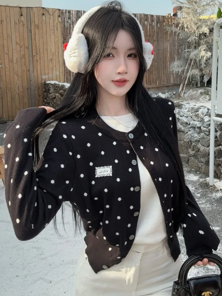

Black Polka Dot Knitted Open Cardigan Slimming Versatile Fashion Top for Autumn Winter Spicy Girl Design Sensation