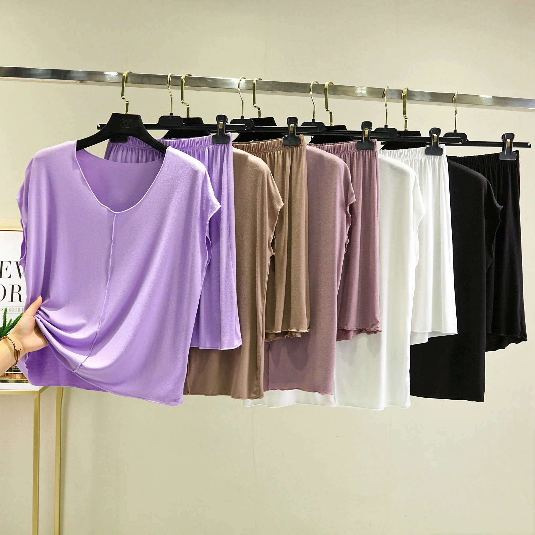 Modale Estate Sottile Allentato Casa Spwear di Grandi Dimensioni V-Ne Svel T-irt A Vita Alta Orti Set A Due Pezzi Abbigliamento Casual da Donna