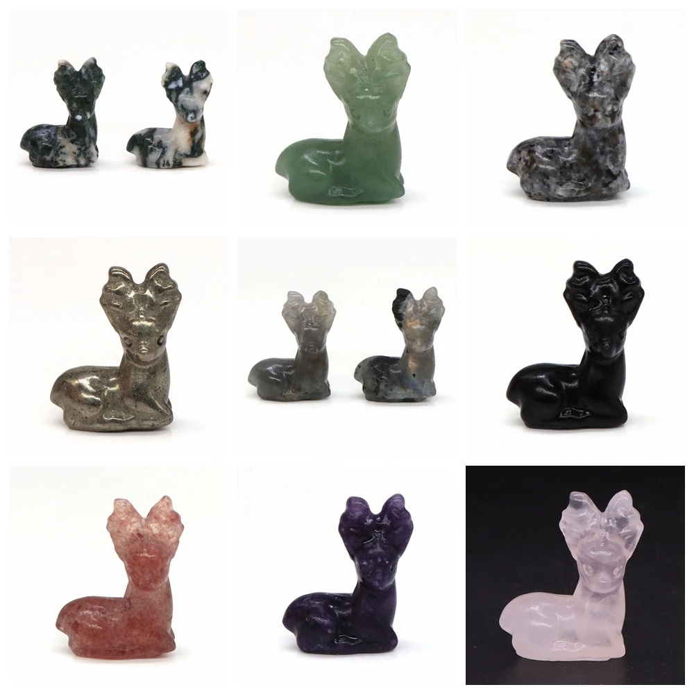 

1.2" Cute Mini Christmas Home Decoration Deer Statue Natural Stones Crystals Rose Quartz Black Obsidian Gemstone Carved Figurine