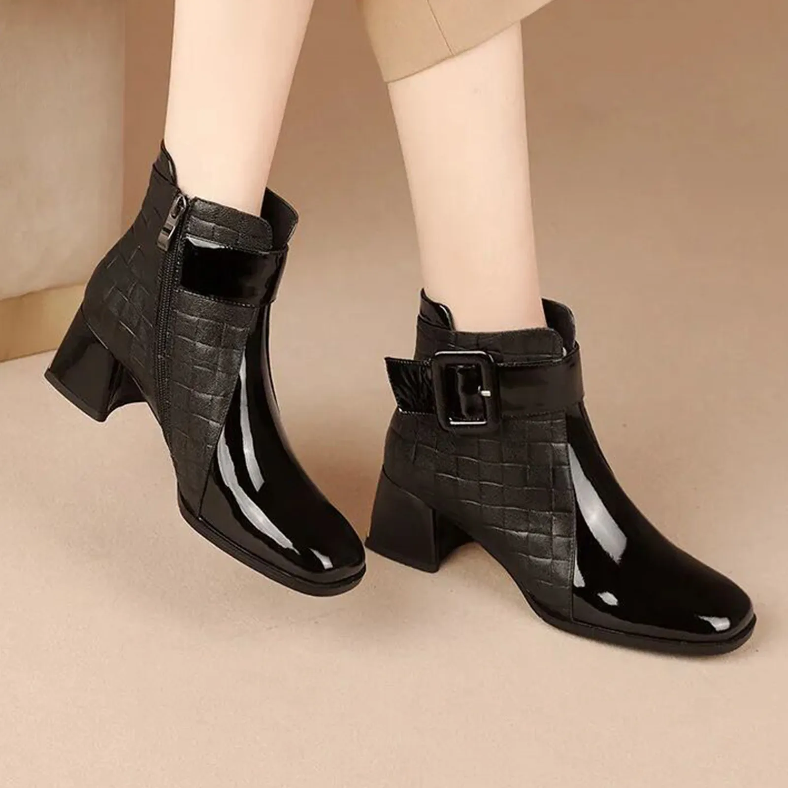 Damskie buty za kostkę Grube obcasy Platforma Krótkie buty Jesień Nowe Damskie Pu Leather Shoes Retro Buckle Work Shoes Botas De Mujer