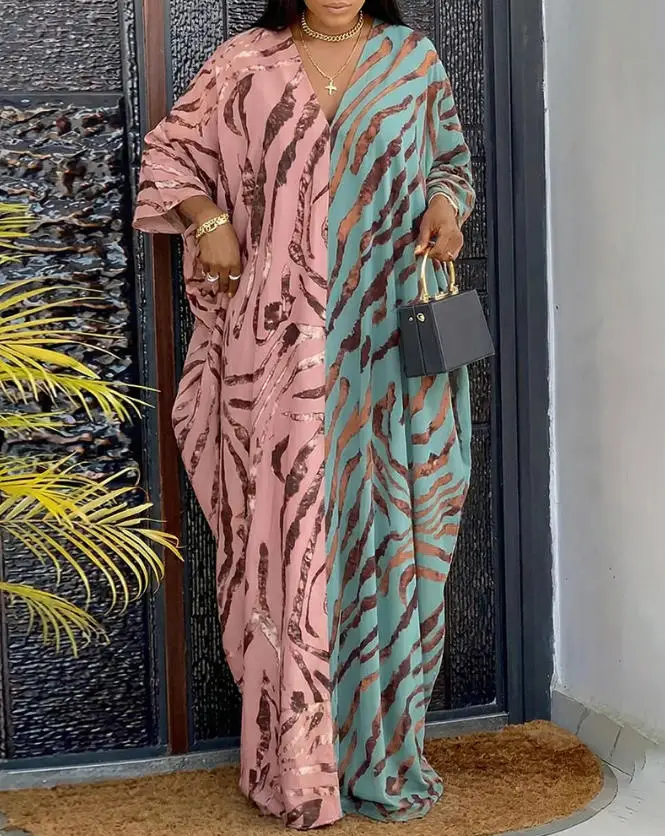 

Women Dresses 2026 Spring Autumn New Fashion Colorblock Abstract Print V-Neck Batwing Sleeve Backless Loose Fit Maxi Dress