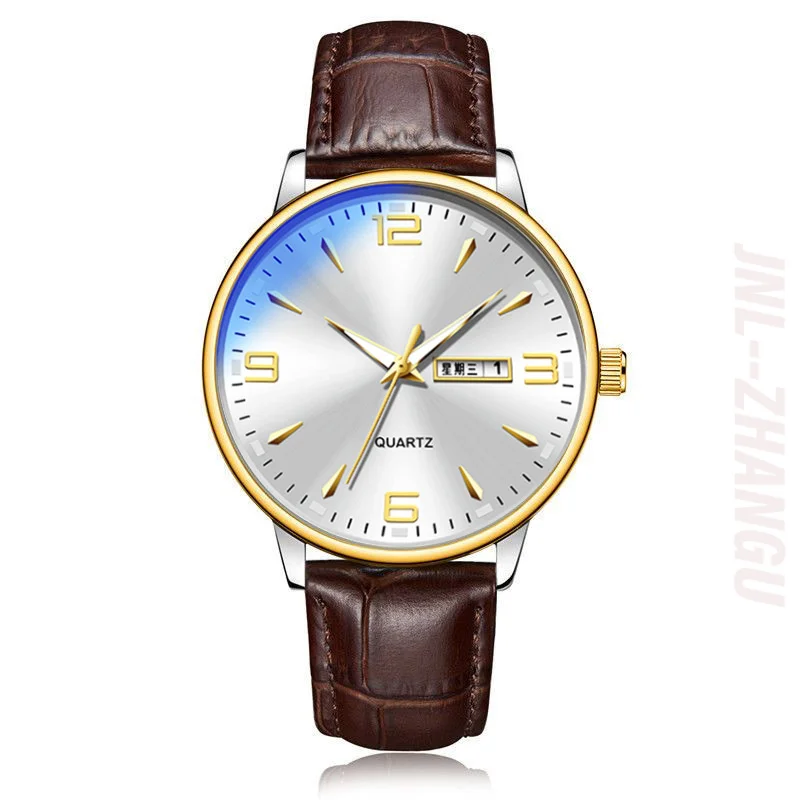 Hot Selling Men's Minimalist Digital Dual Calendar Waterproof Luminous Leather Strap Quartz Watch
