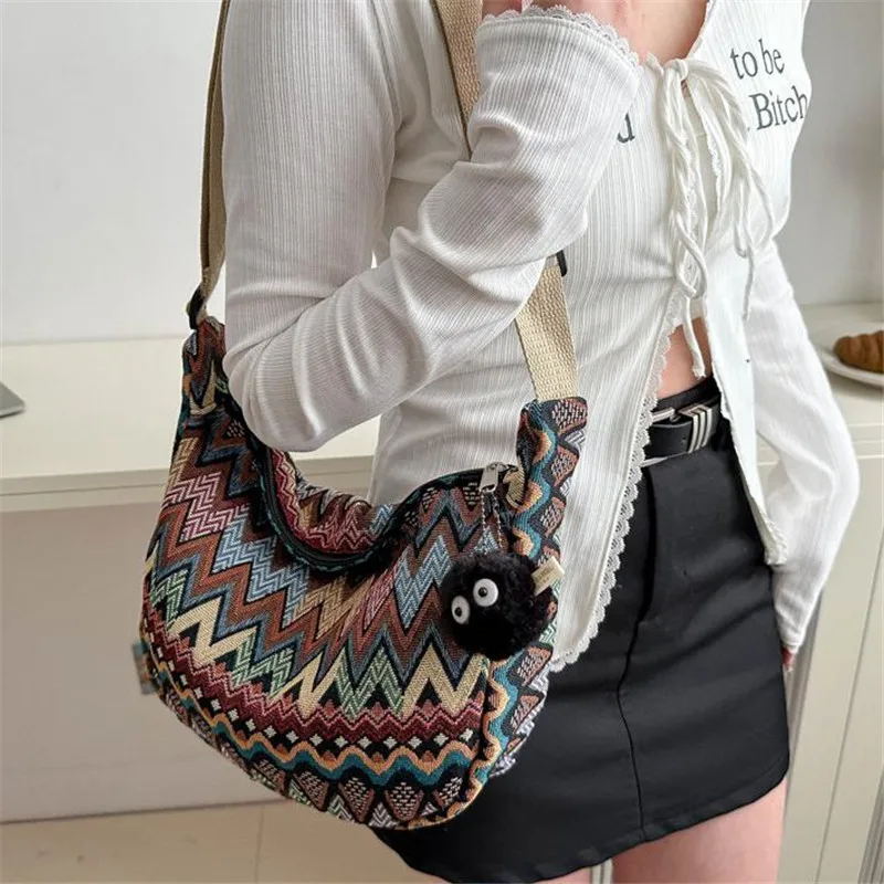 

Vibrant Handwoven Style Boho Crossbody Bag, Colorful Pattern, Spacious Chic Dumpling Shoulder Purse for Daily & Festival Fashion