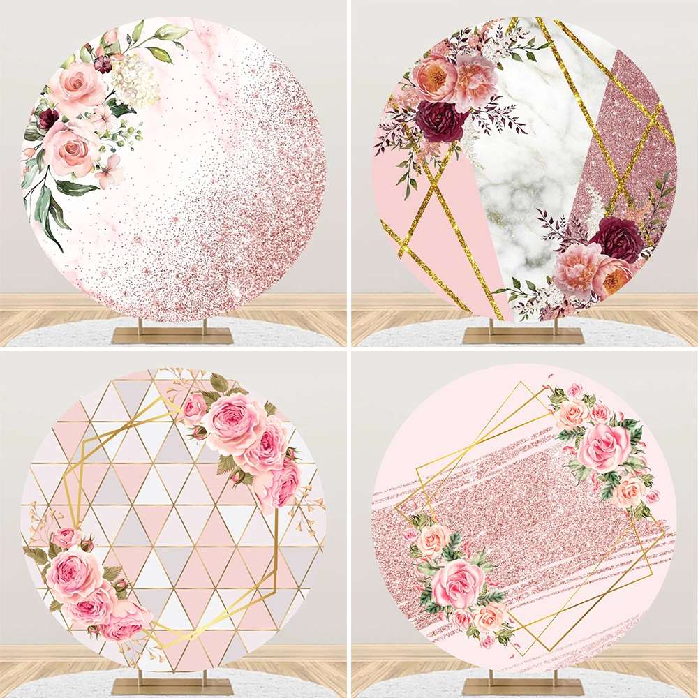 

Baby Shower Round Background for Photography Pink Flowers Golden Lines Wedding Decoration Child Birthday Portrait Photo Backdrop