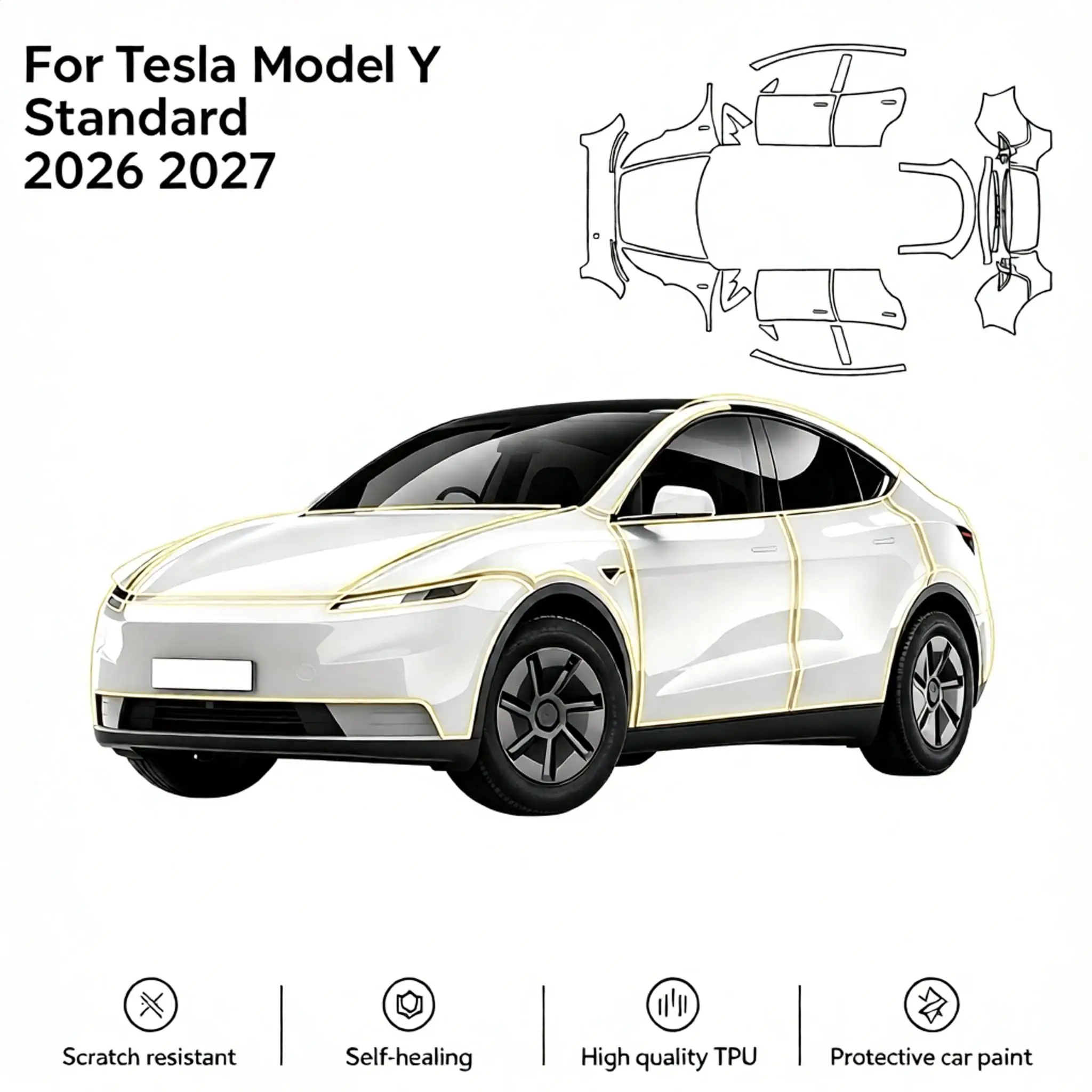 Für Tesla Model Y Standard 2026 2027 9Mil TPU Lackschutzfolien-Set Vorgeschnittene PPF Matt- und Transparente Schutzfolie Kratzfest
