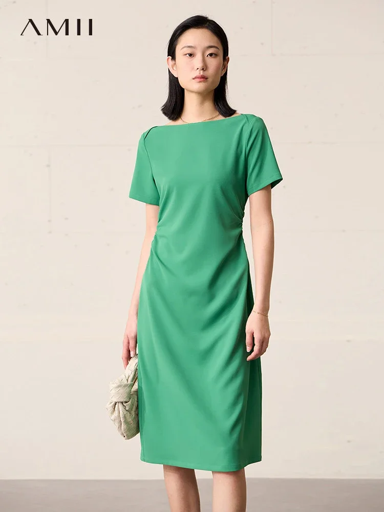 AMII Minimalismus Frauen Kurzen Ärmeln Kleid 2023 Frühjahr Neue Pullover Schlank Chic Solide Slash Neck Kleider Weibliche Vestidos 12342384