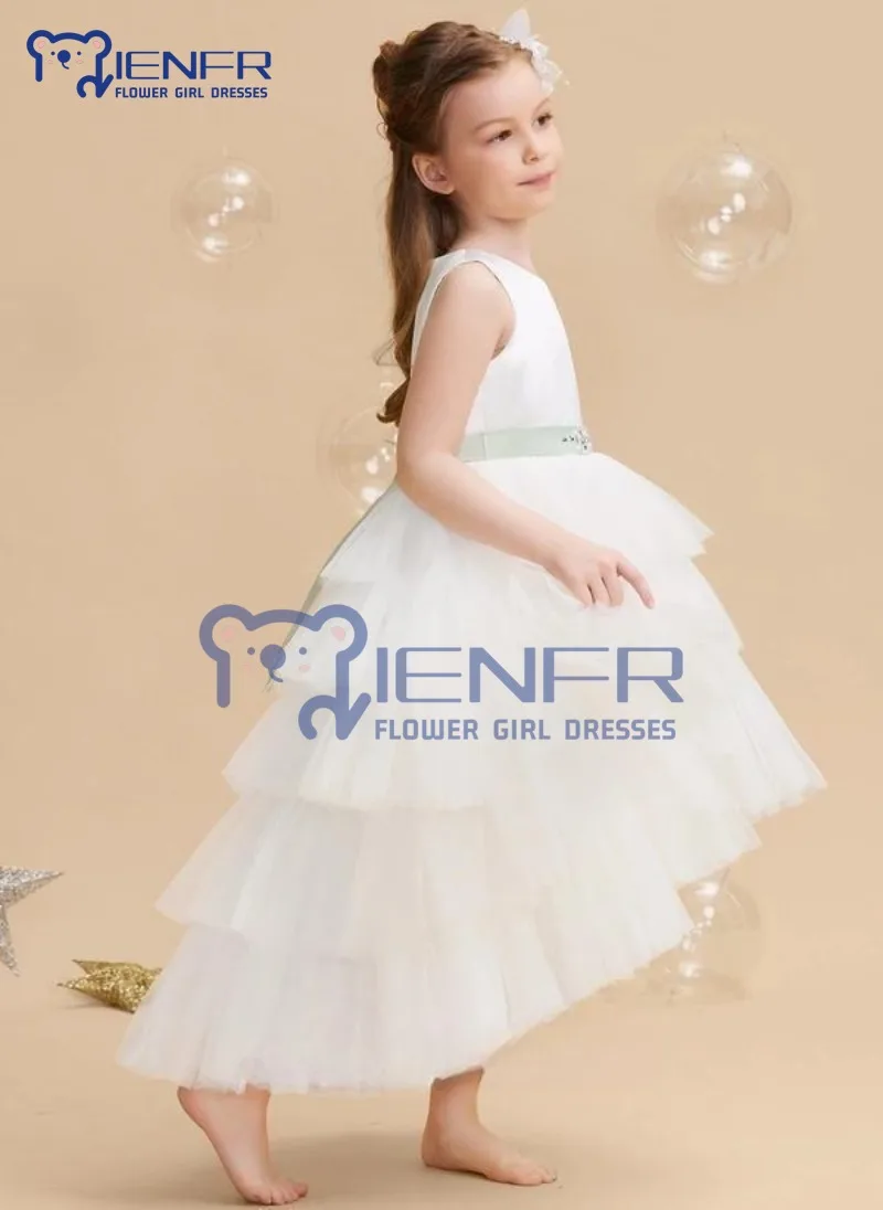 Personalizado branco frisado Tutu para meninas, cinto assimétrico, vestidos de dama de honra, festa de aniversário, comunhão, casamento Flower Girl, Kids, 2023