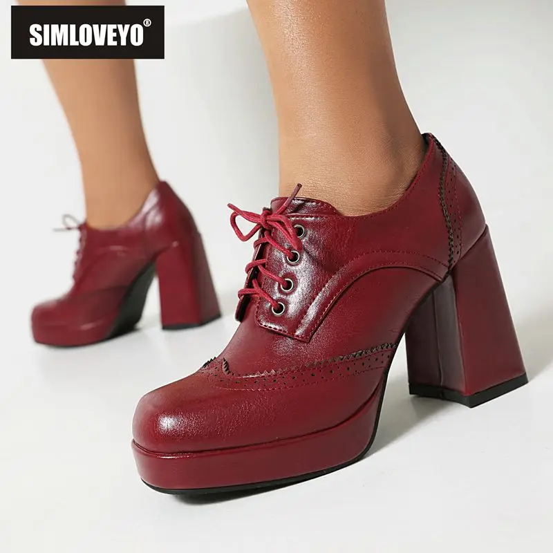 SIMLOVEYO sepatu hak tebal wanita, merek Pumps jari kaki 9.5cm Platform 2cm bertali ukuran besar 42 43 harian