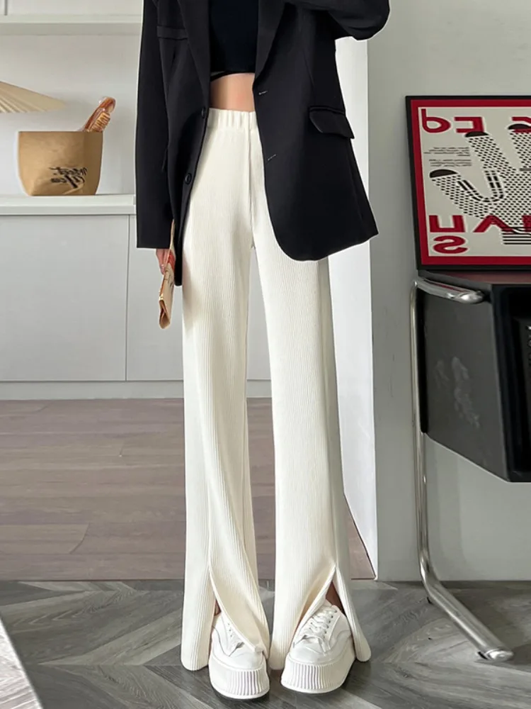 

Large Apricot Plush Wide Leg Pants For Women Autumn And Winter Plump High Waist Straight Tube Split Micro Flared Pants,