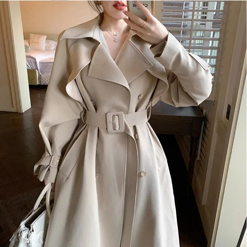 

Женские модные осенние тонкие плащи, однотонные двубортные женские пальто с отложным воротником и длинными рукавами с поясом