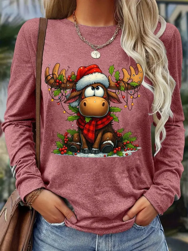 T-shirt à manches longues pour femmes, imprimé renne de noël, imitation coton doux, col rond, haut à la mode, vêtements de fête de vacances décontractés