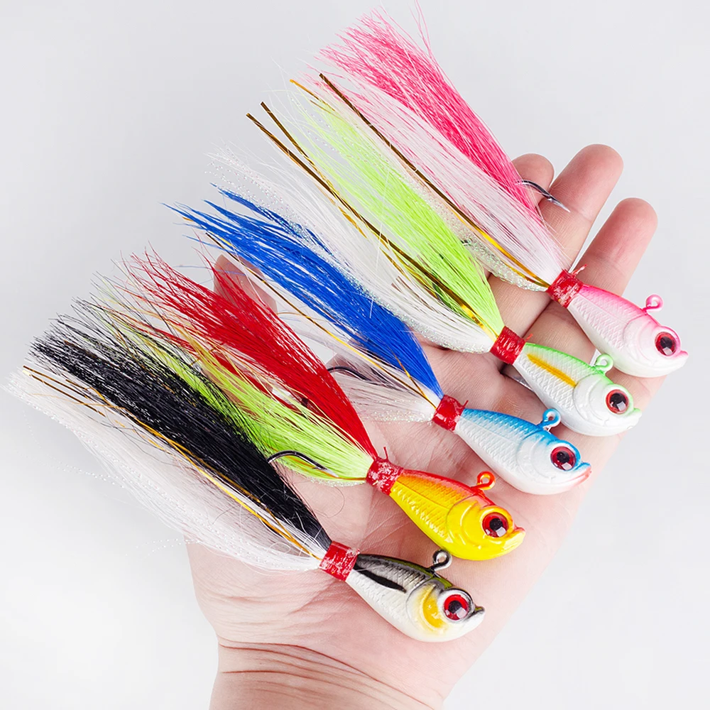 5Pcs Jig Kopf Bucktail Haken 14g/21g/28g/42g/56g künstliche Casting Köder Metall Angeln Jig Köder 3D Auge Swimbait mit Haken – Detail 1