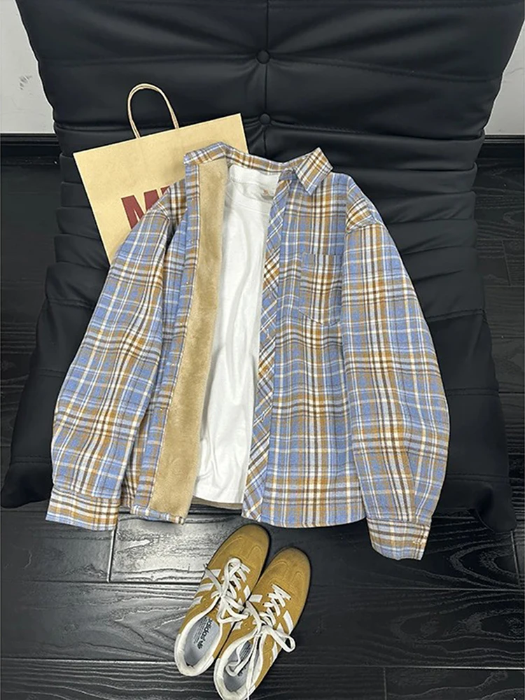 

Men's Plaid Flannel irt Long Sve Fce Lined Vintage Cheered Casual Coat Winter Warm Polyester Fiber Couple Outfit