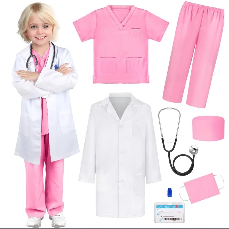 Girl Boy Top Pants Jacket White Coat Work ID Mask Hat Stethoscope Luggage 9pc Set Roleplay Halloween Costume Doctor Costume