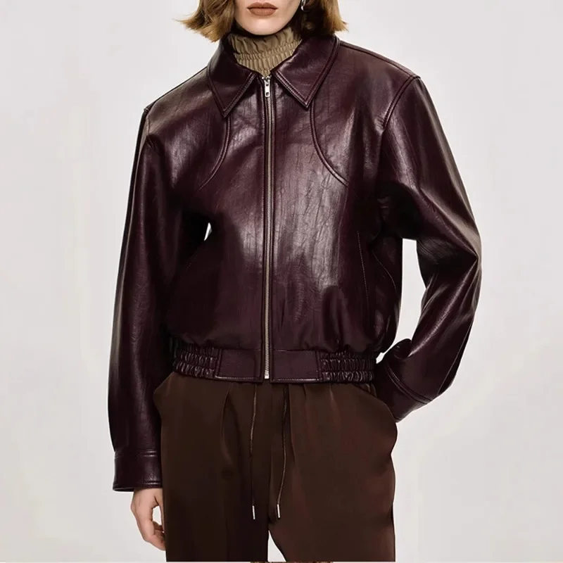 Manteau en cuir PU solide pour femmes, vestes de moto chics, col rabattu rétro, vêtements d'extérieur à manches longues, mode féminine, automne, 2024