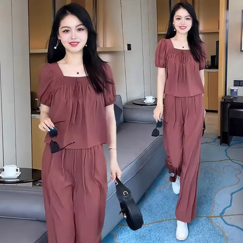 

Summer New Fashion Casual Suit Women's Western Style Square Collar Top High Waist Wide Leg Pants Slimming Two-Piece Suit