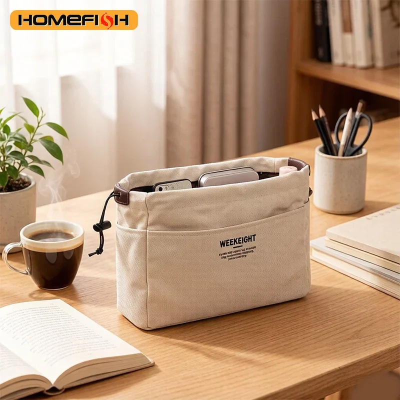 Off-white canvas cosmetic storage bag, waterproof pouch, multi-compartment travel accessory, sturdy wallet organizer, suitable f
