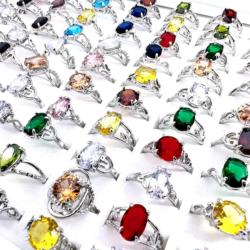 20/30/50/100pcs Rings For Women Silver Plated Multicolor Crystal Zircon Stone Fashion Jewelry Party Gift Wholesale Lot