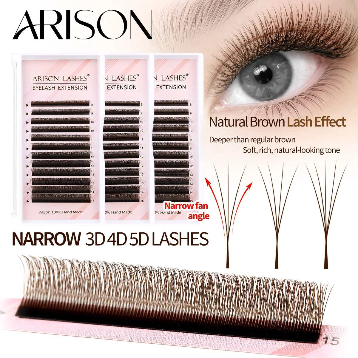 ARISON Dunkelbraune Wimpernverlängerungen Schmale 3D 4D 5D Vorgefertigte Volumen-Fächerwimpern Natürliche Braune Wimpern