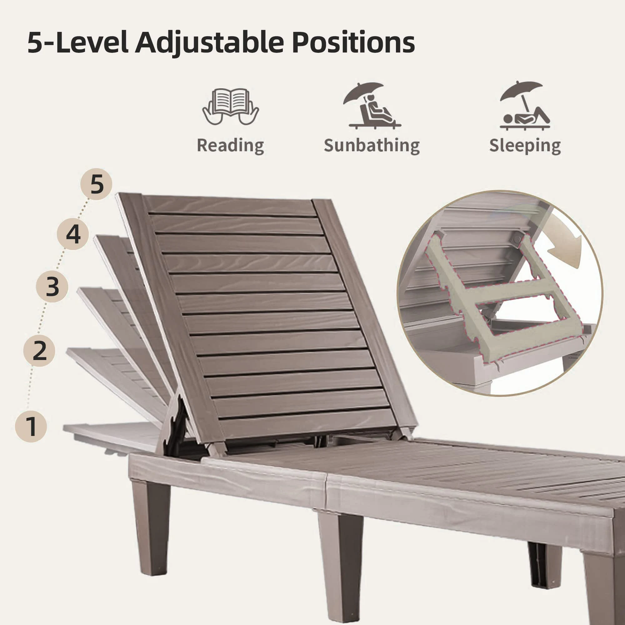 كرسي صالة خارجي، تعديل مسند الظهر بـ 5 أوضاع، كرسي صالة حمام السباحة قابل للتعديل، كرسي صالة حمامات الشمس المقاوم للماء