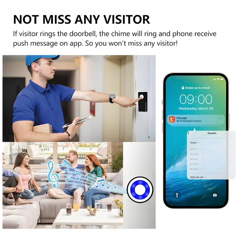 ABZW Tuya WIFI جرس الباب اللاسلكي في الهواء الطلق IP65 مقاوم للماء 200 متر جرس الباب اللاسلكي المنزلي الرنين 58 أغاني ترحيب Dingdong الاتحاد الأوروبي التوصيل