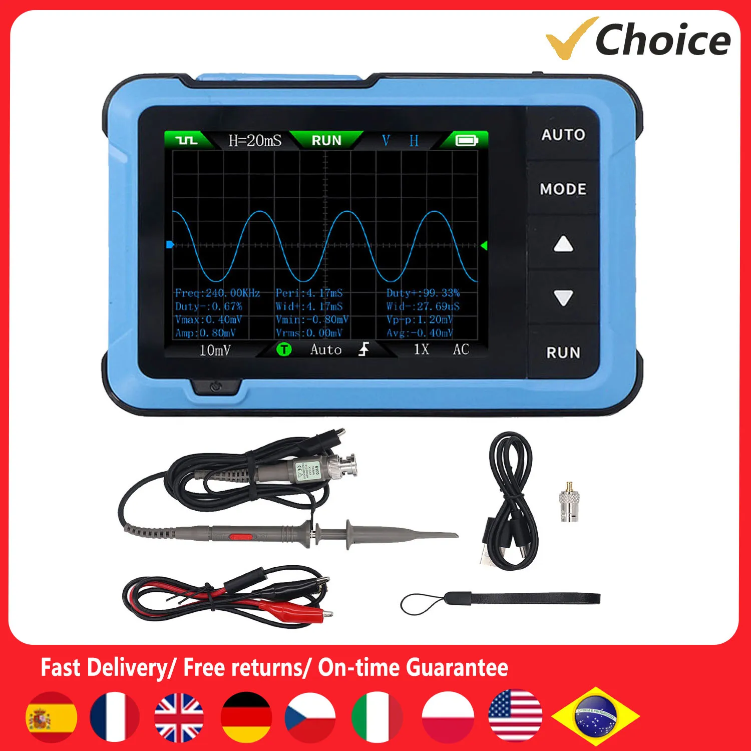 

2in1 Handheld Digital Oscilloscope Signal Generator Rate 10M Bandwidth Adjustable Digital Generator Lightweight for Maintenance