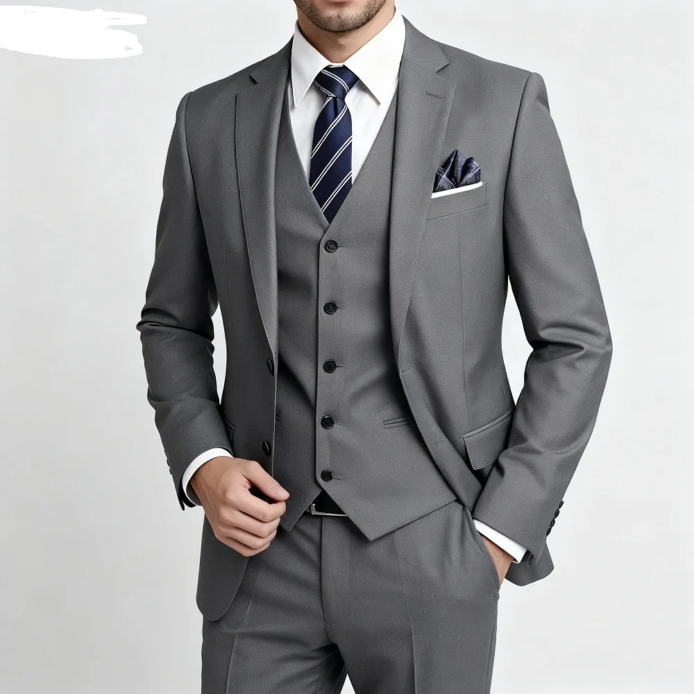 

3 Piece Khaki Slim Fit Tuxedo Men's Suit Peak Lapel Formal Wedding Dance Party Smocking Blazer + Vest Set for Men