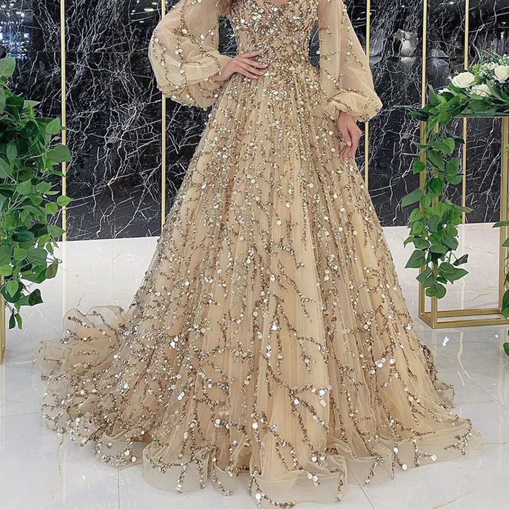 2024 Spring Fashion Dress New Style Gold Beaded Luxury Evening Gown See-through Long Sleeve Sexy Celebrity Prestige Queen Dress