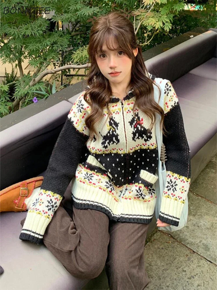 

Casual Knitted Cardigans Women Ulzzang Lazy Print Zip-up Panelled Outwear Warm Soft Autumn Winter Fashion Loose Кардиган Женский