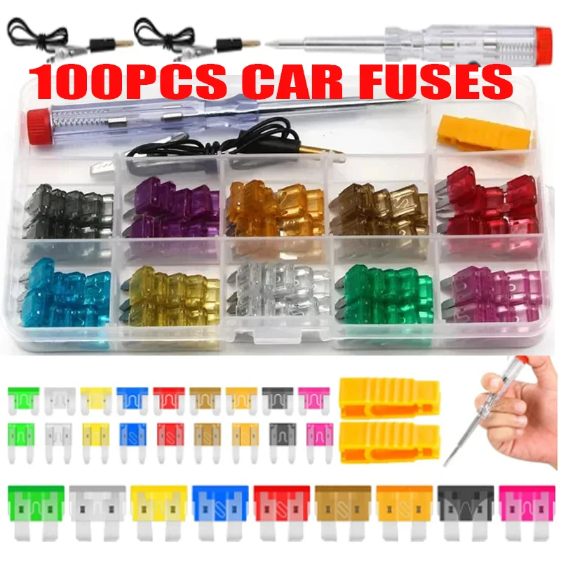 100Pcs Car Fuses5A10A15A20A25A30A35A amplifier with box clip combination car blade fuse set with inspection circuit electric pen