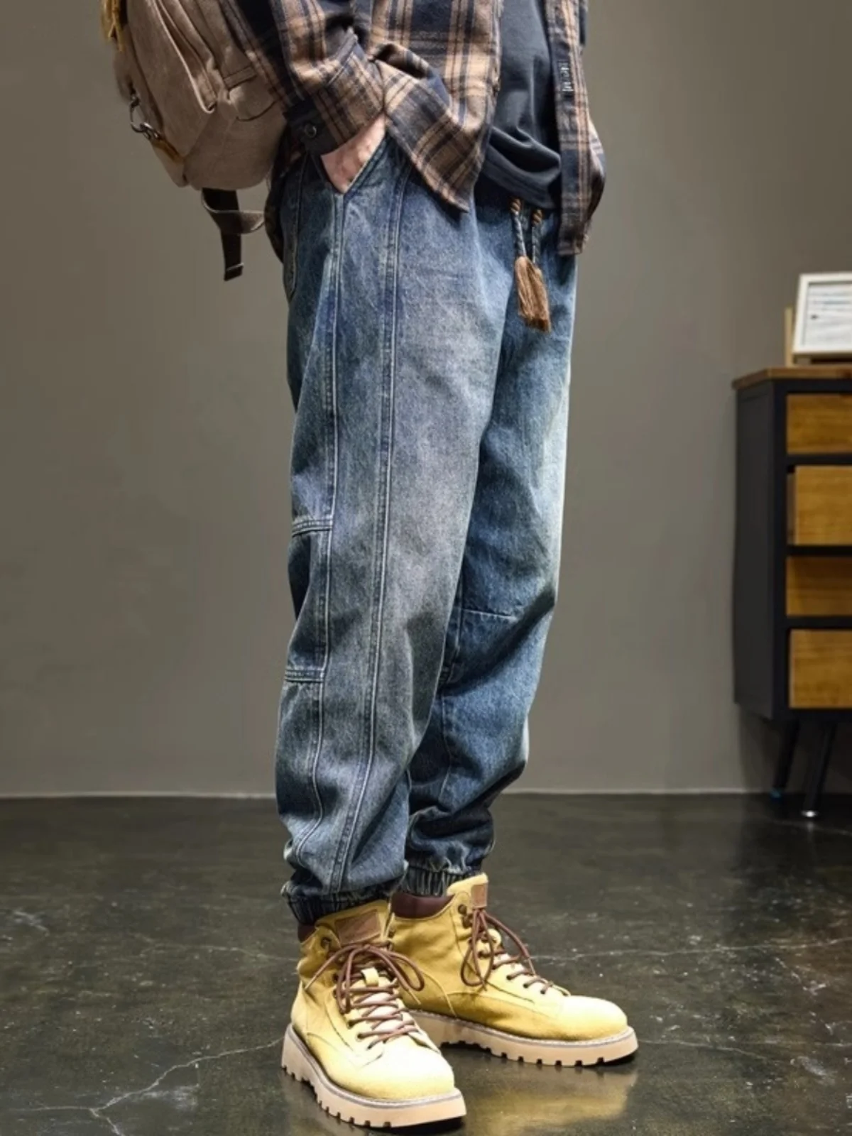 

Мужские джинсы в стиле ретро в американском стиле, весенне-осенние лоскутные брюки с эластичной резинкой на талии, брюки Харлан, длинные брюки, средняя талия