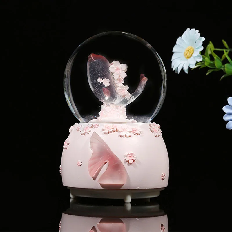 Resin Base Glass Crystal Ball Pink Transparent Whale Illumination Snow Globe With Music Children Bedroom Desktop Decor 스노우볼