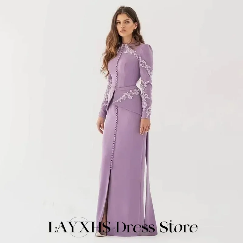 LAYXHS Luxuriöse lila Dubai-formale Abendkleider, O-Ausschnitt, lange Ärmel, Knopfapplikation, Schlitz, Ballkleider, maßgeschneidert