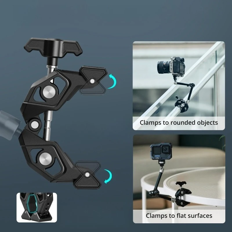 

with Crab-Shaped Clamp W 1/4"-20 Screw Ball Head For 360° Adjustments for Action Cameras Monitors Magic Arm