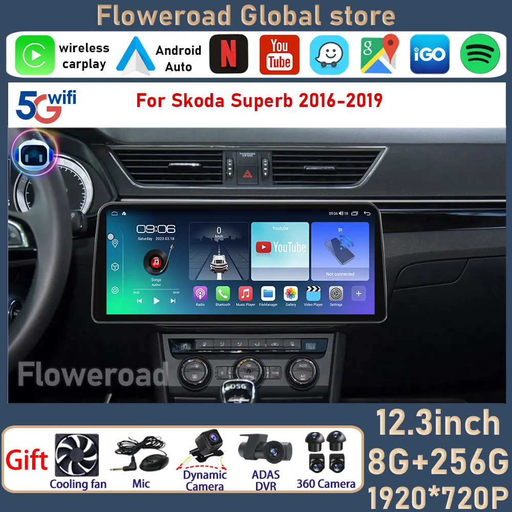 

12.3inch Screen Android For Skoda Superb 2016 - 2019 Car Video Player 2Din Radio Stereo GPS Multimedia Carplay Screen Head Unit