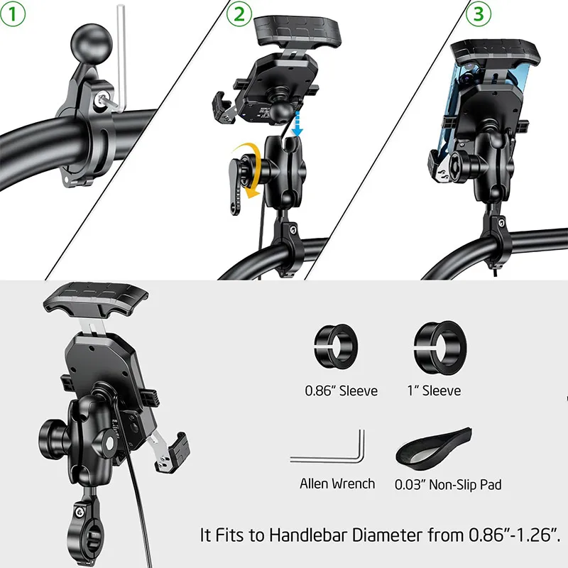 Supporto per telefono wireless per moto antifurto Supporto per caricabatterie rapido 15W e USB C 3A Supporto per moto per manubrio per telefono da 4.0-7.0 