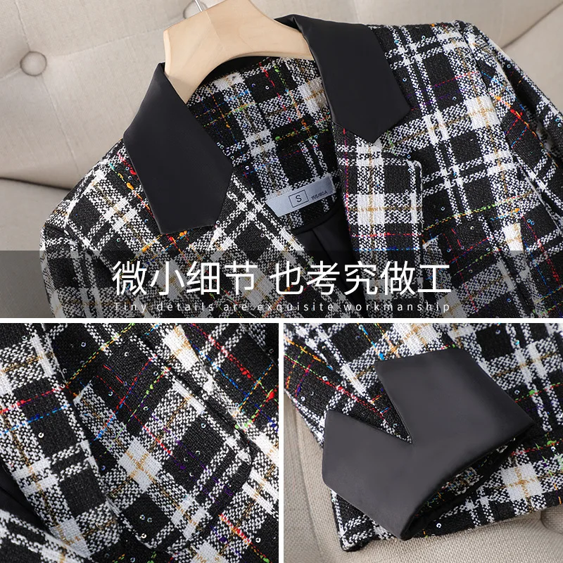 Luxury Ladies Black and White Plaid Fashion Small Fragrance Tweed Commuter Short Suit Women\'s High Strecth Blazers