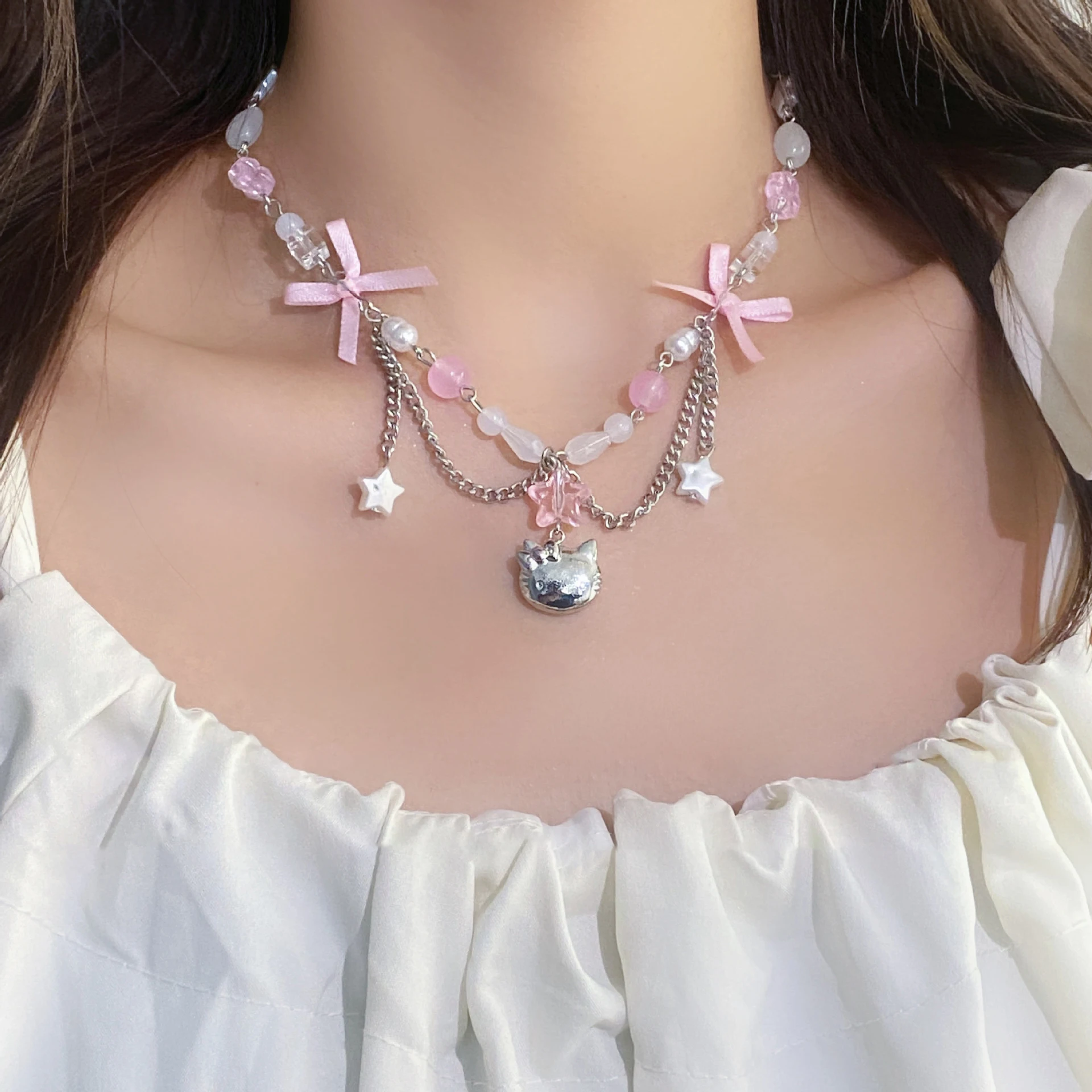 Sanrio Hello Kitty Necklace Anime Cute Kawaii Bow Beaded Star Tassel Necklace Y2K Women Elegant Clavicle Chain Jewelry Gift